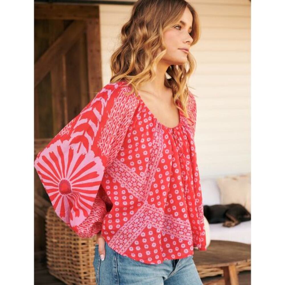 Free People  pink red floral‎ cotton flowy blouse